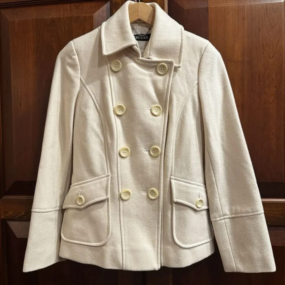 Guess Women’s Wool Blend Cream Pea Coat Double Breasted Size Small - Picture 2 of 16